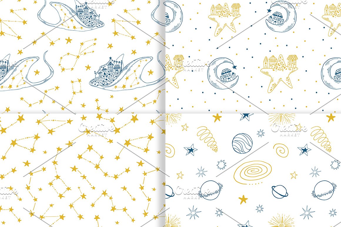 4 golden and blue patterns with galaxy illustrations.