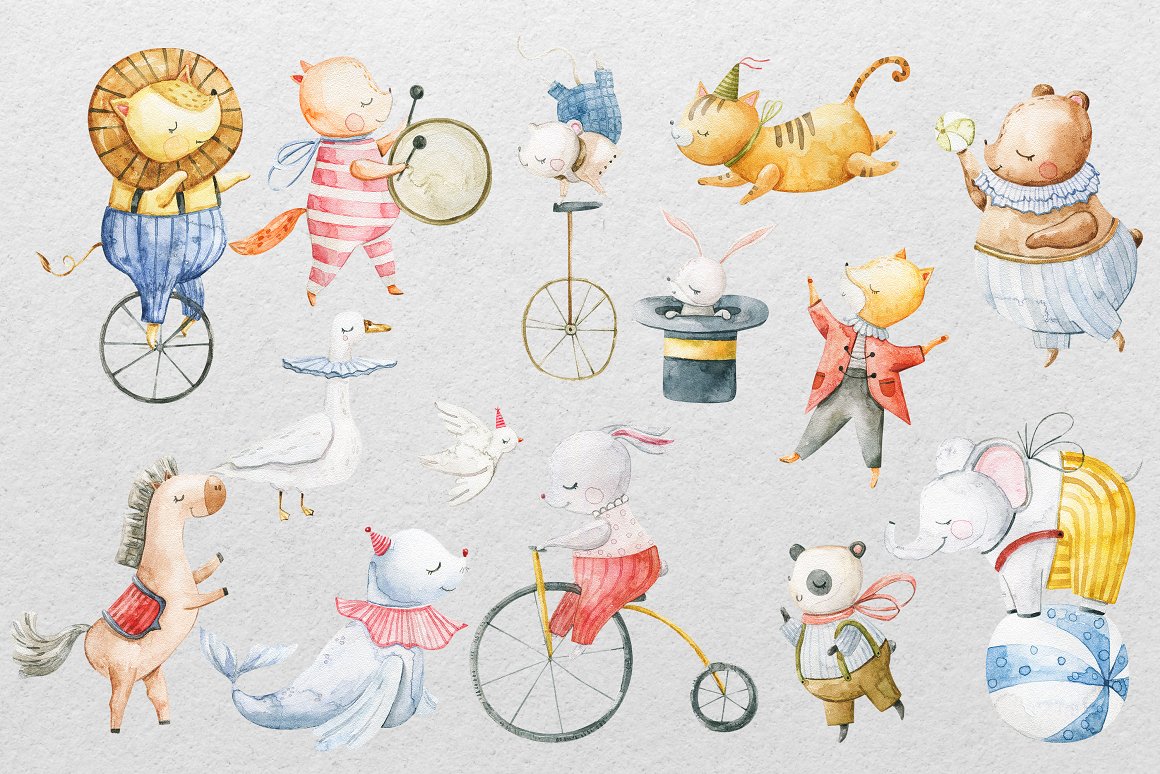 A set of watercolor illustrations of different circus animals on a gray background.