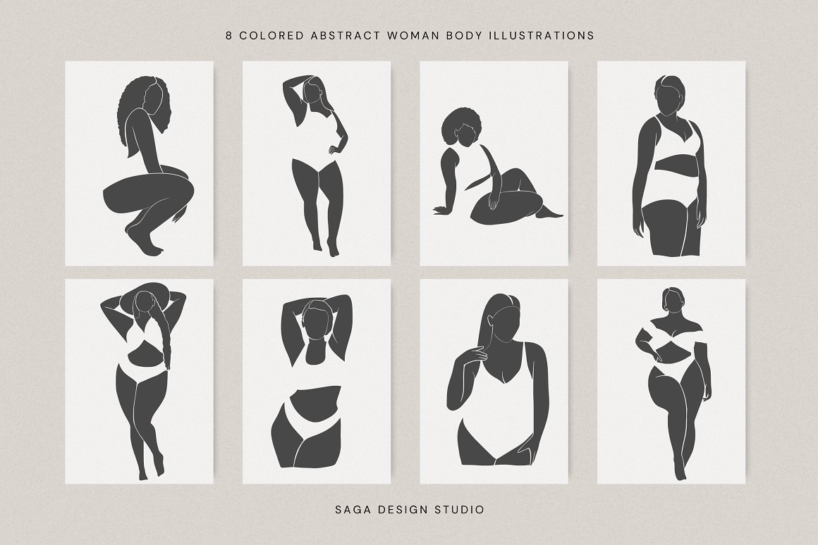 8 colored abstract woman body illustrations.