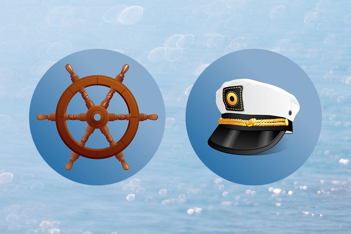 Steering wheel and sailor's cap icons on a blue background.