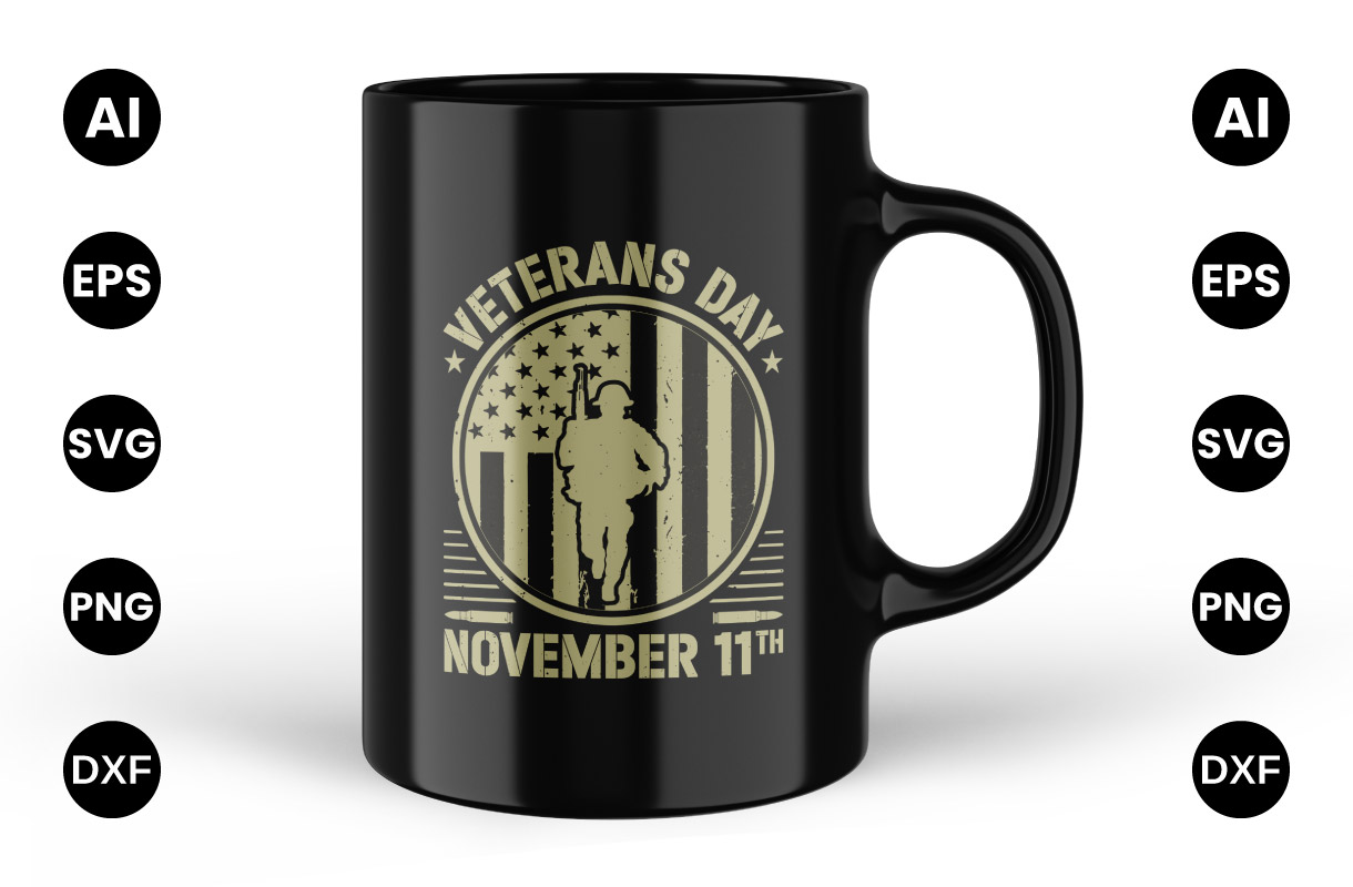 Light golden illustration with a veteran and USA flag on a black cup.