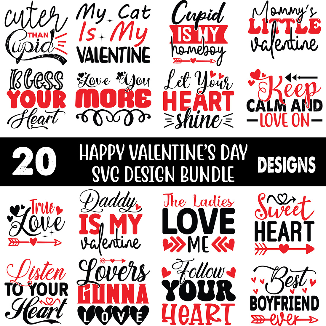 Pack of colorful images for prints on the theme of Happy Valentines Day