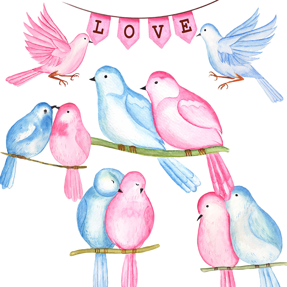 Watercolor Valentine Couple Bird Clipart Set cover image.