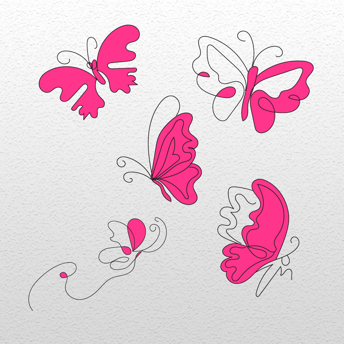 Group of pink butterflies on a white background.