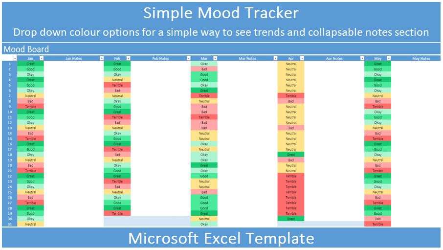 Simple Mood Tracker Template Tool for Microsoft Excel preview image.