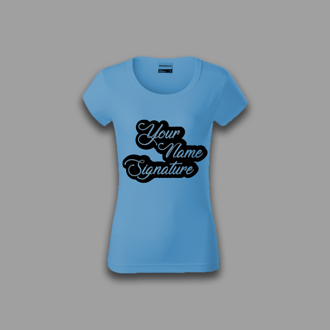 Image of a blue t-shirt with a wonderful inscription your name signature