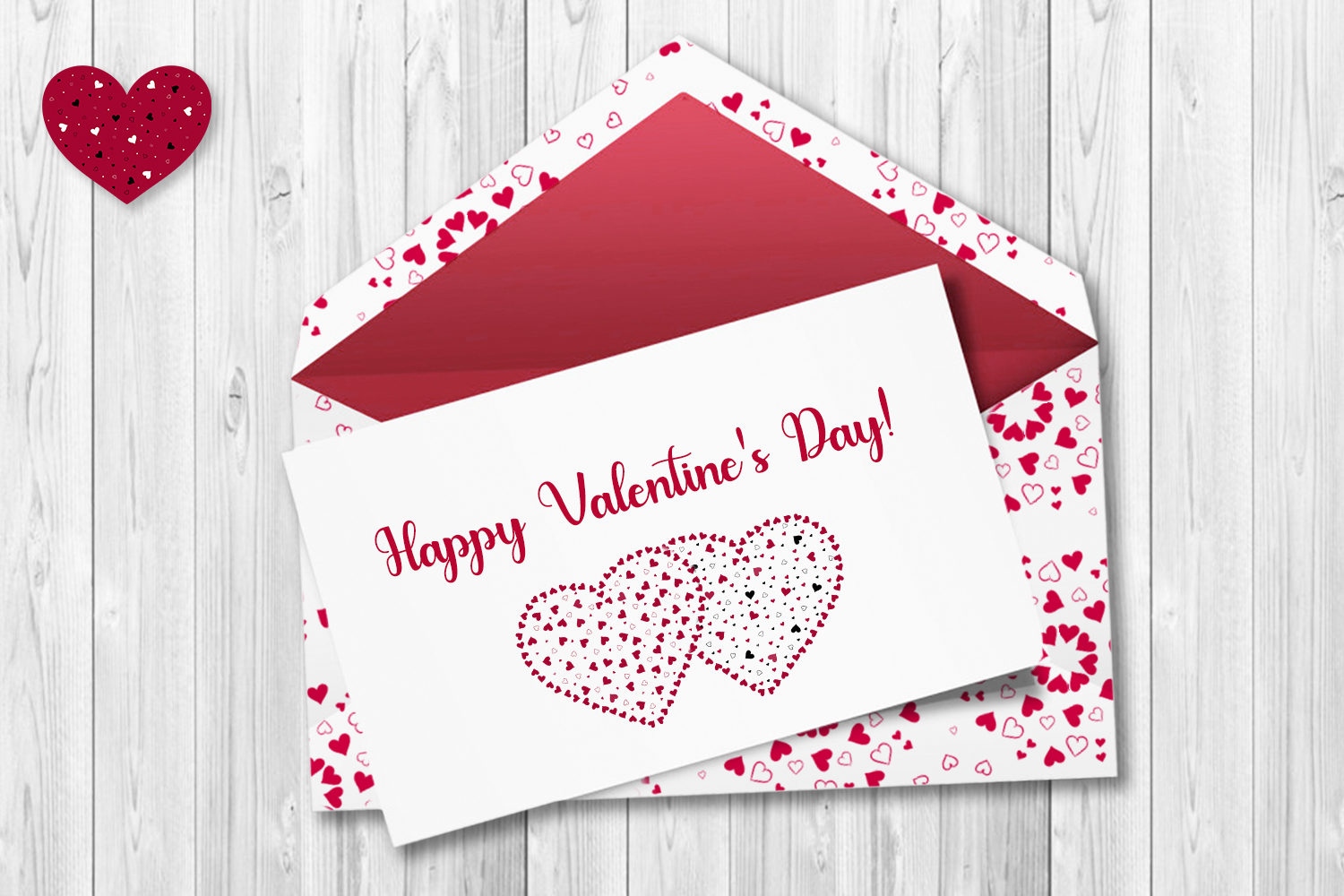 Hearts Valentines Day Seamless Mockup Postcard and Envelope Template preview image.