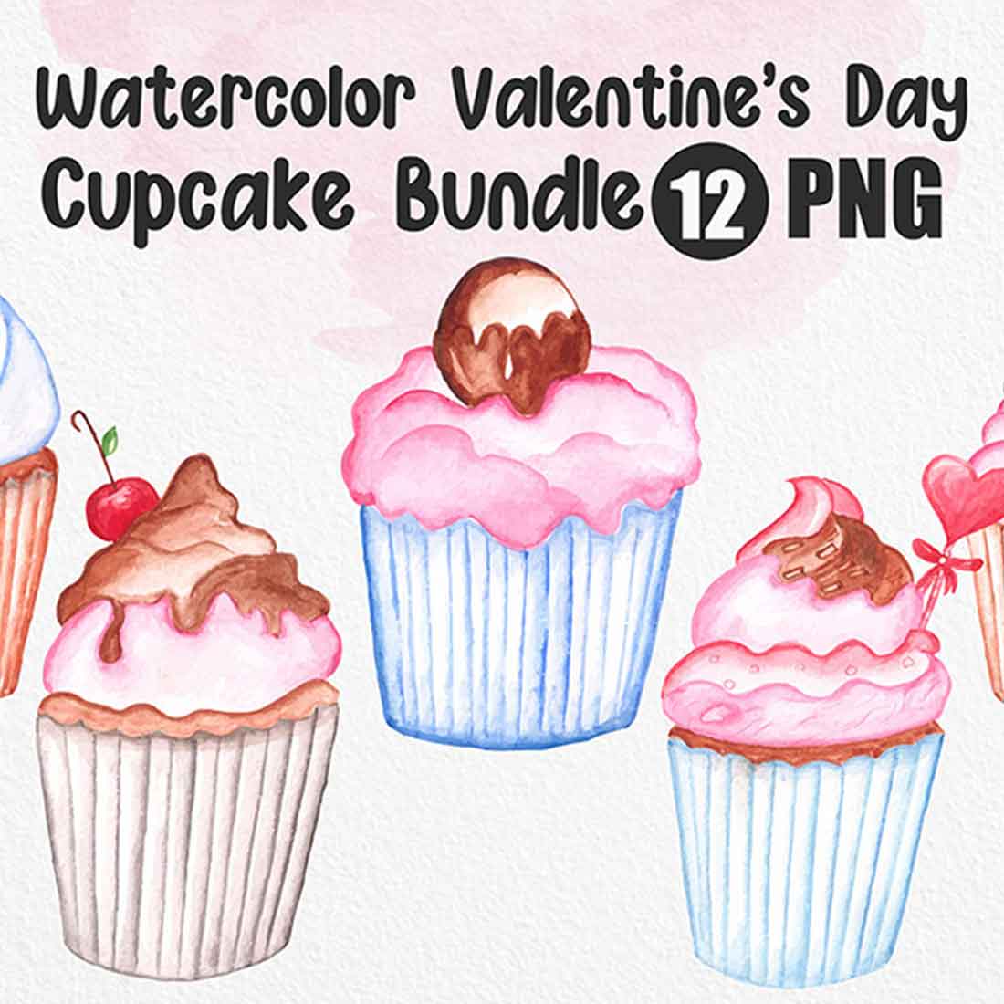 Collection of cute watercolor images of cupcakes