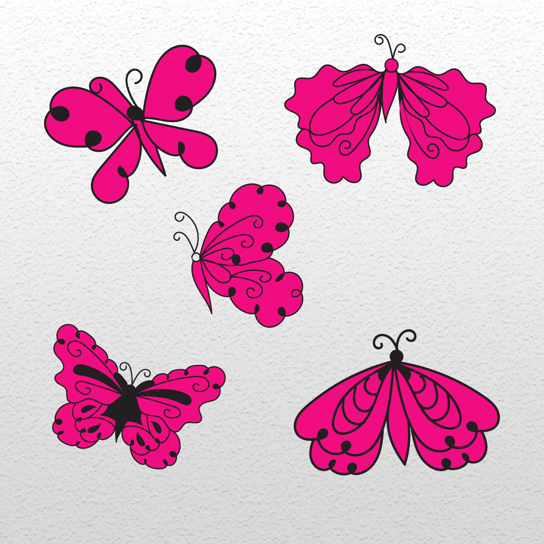 Group of pink and black butterflies on a white background.