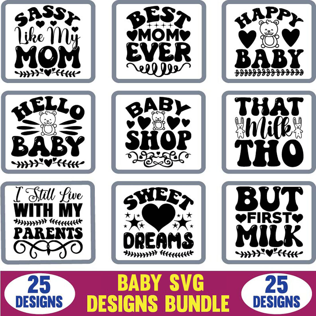 Baby SVG Designs Bundle black and white preview.