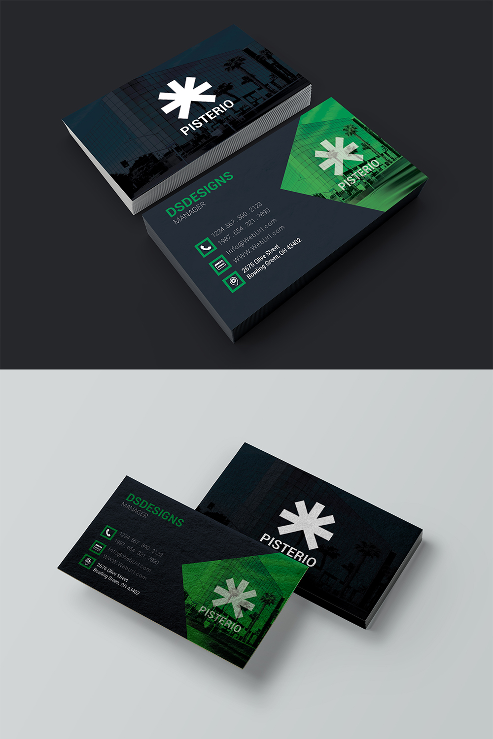 Pinterest collage image with Dark Blue and Green Business Card Design.