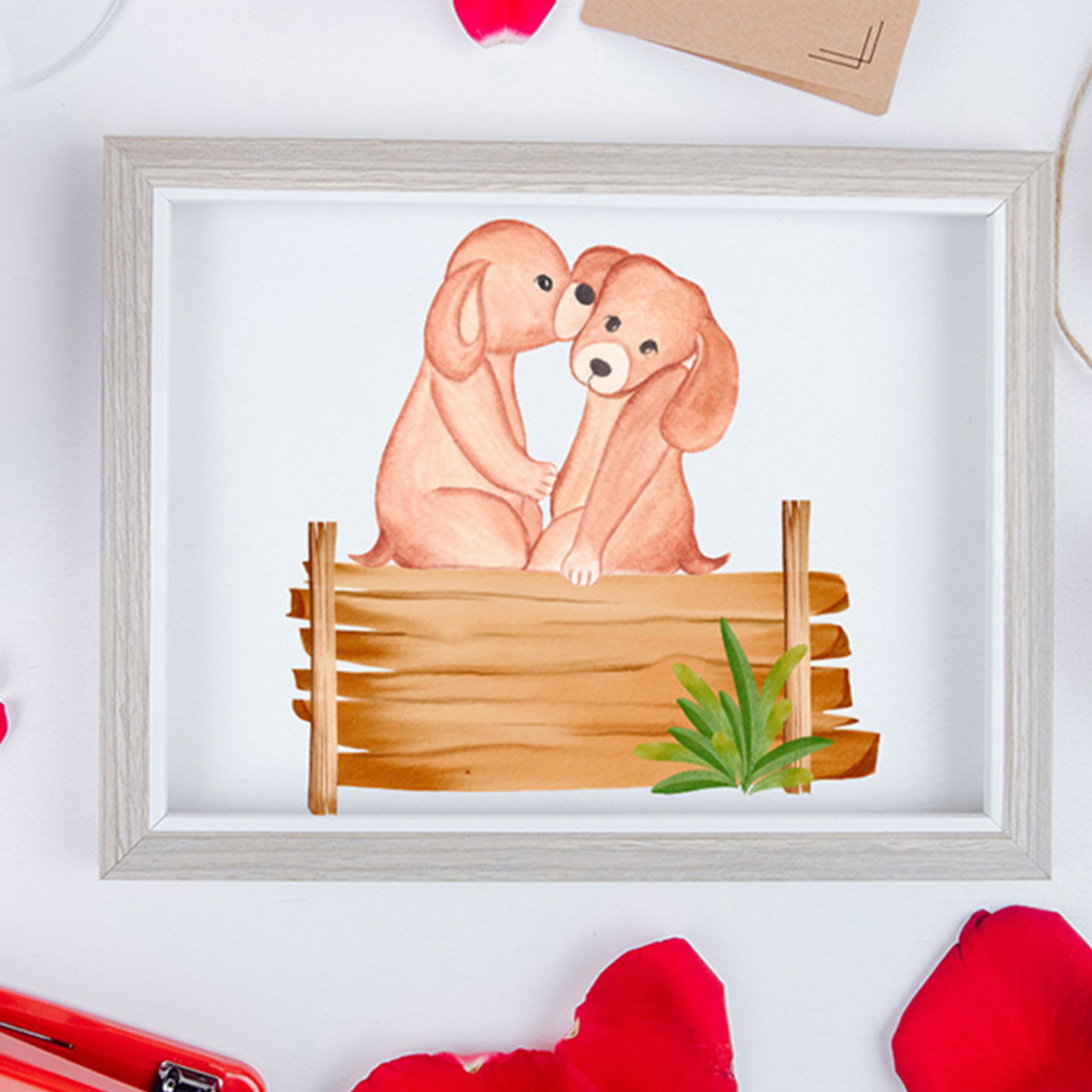 Picture of a couple of dogs in a wooden frame