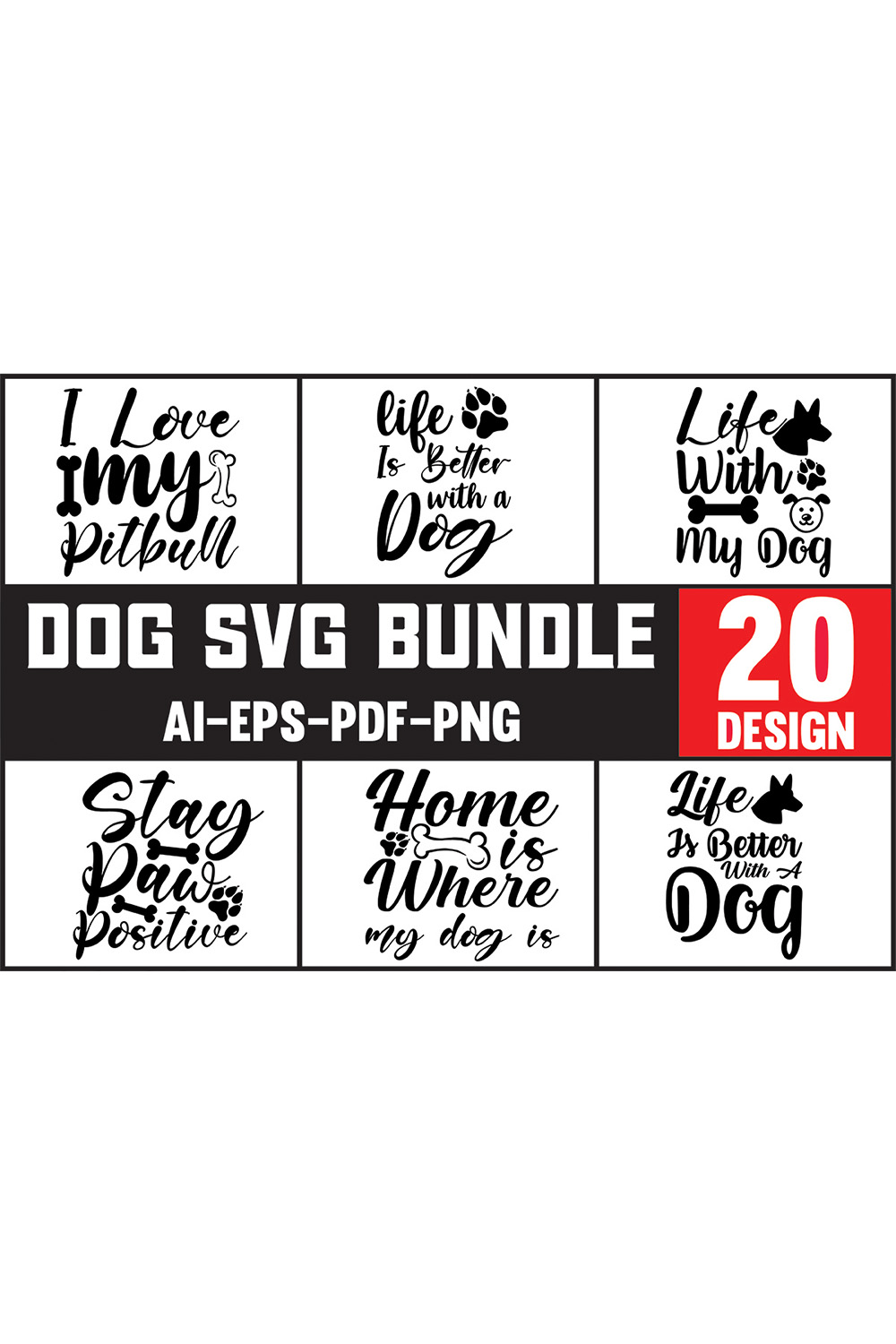 The dog svg bundle includes 20 designs.