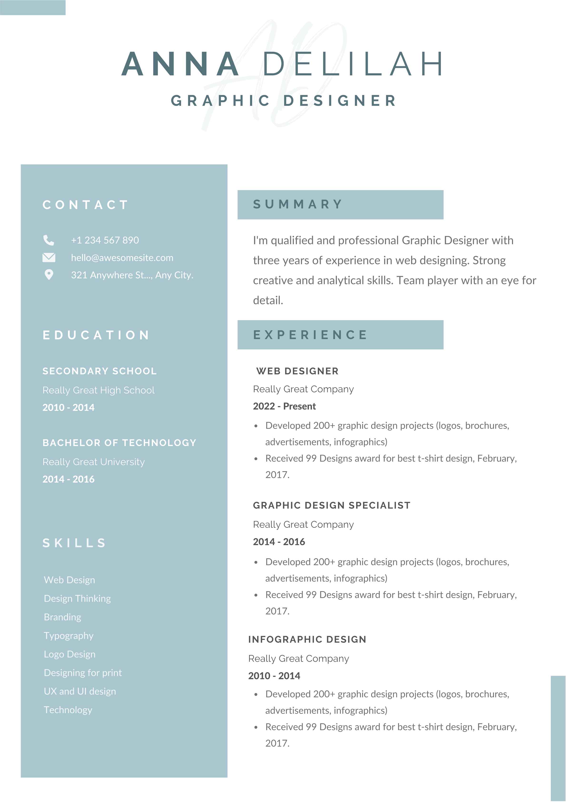 Blue and white resume for graphic designer.