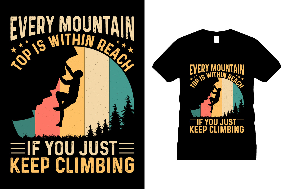 Bright hiking graphic on a black t-shirt.