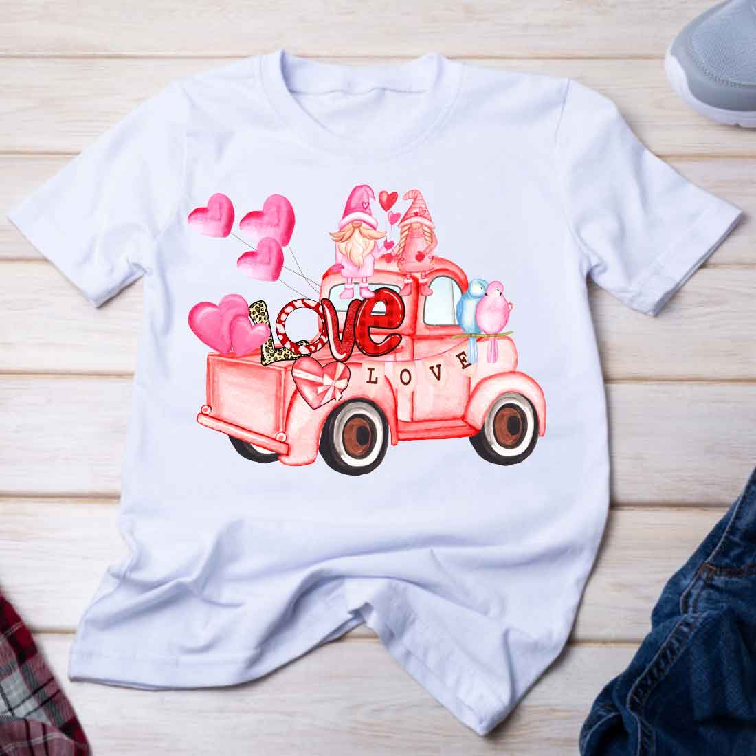 Image of t-shirt with colorful pink truck print