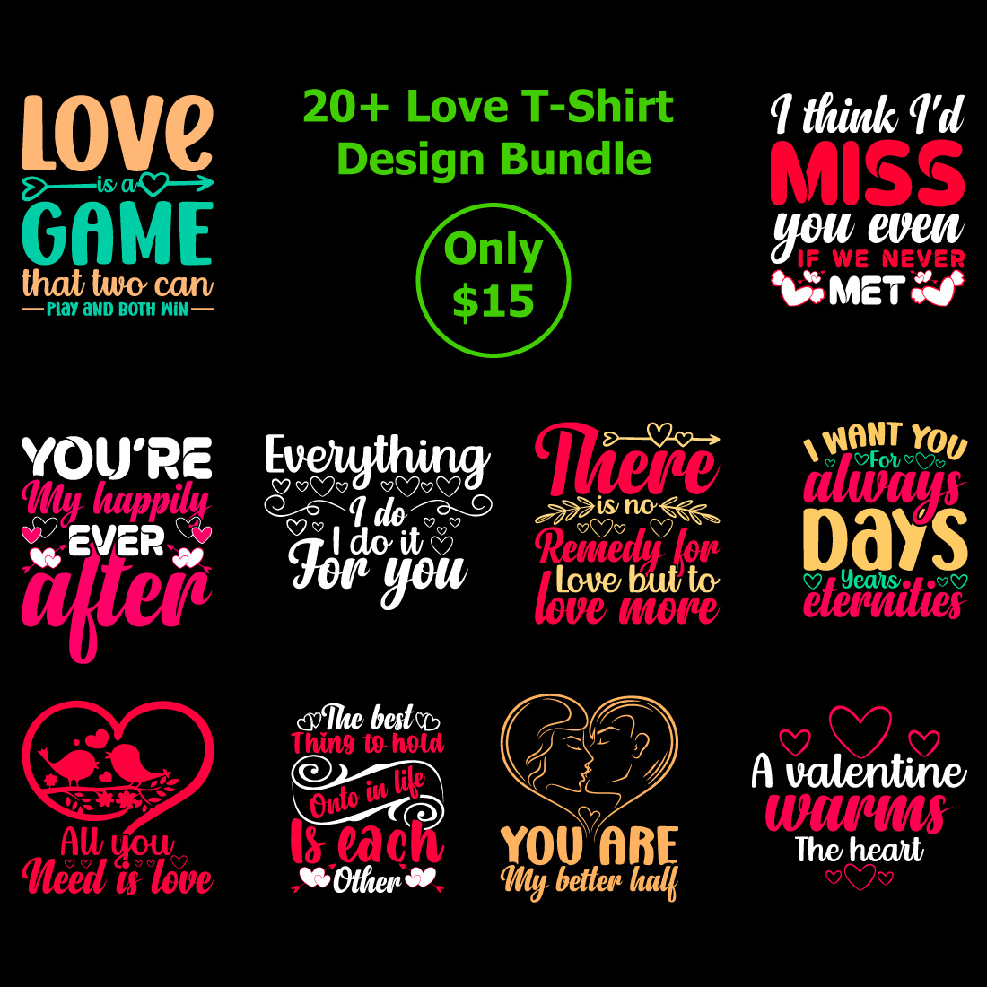 20+ Love T-Shirt Design Bundle cover image.