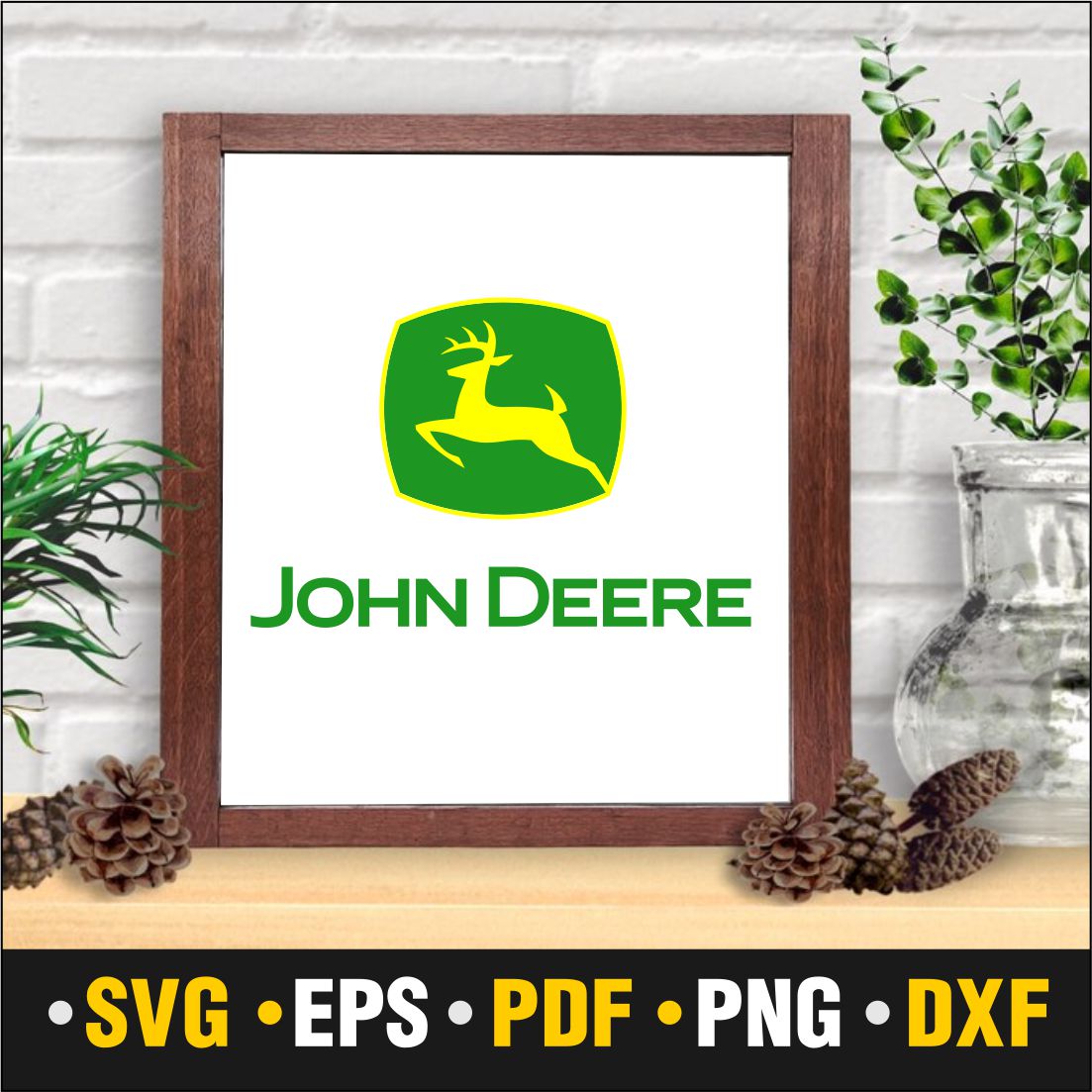 Picture of a deer with the john deere logo on it.