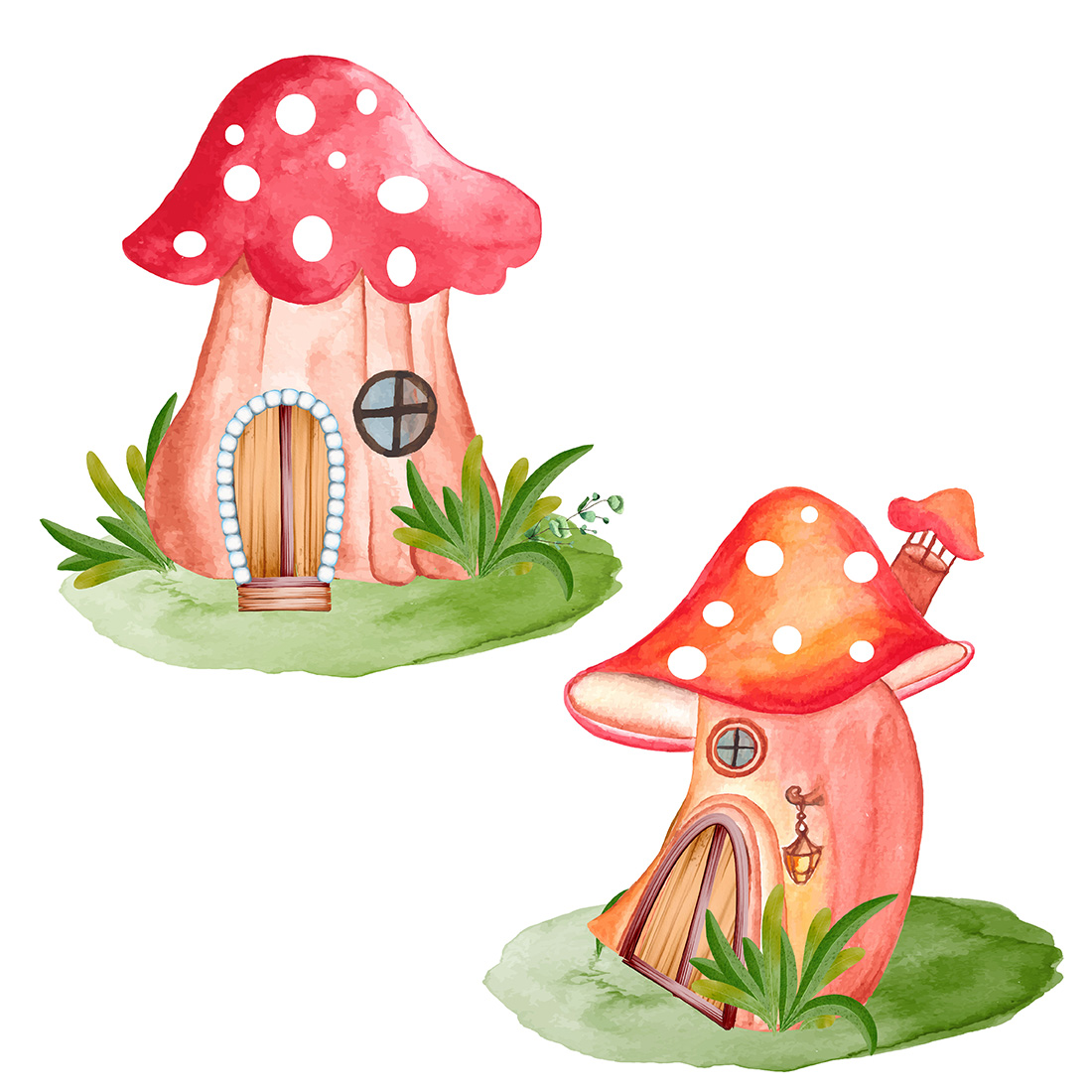 Set of adorable watercolor images of gnome houses