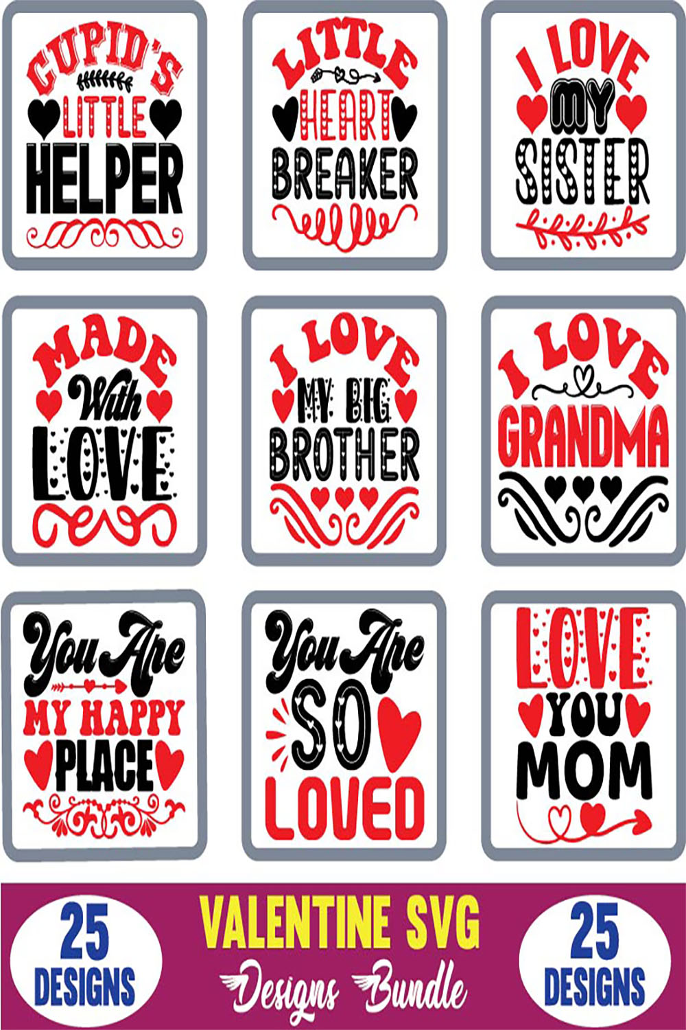 Valentine Quotes SVG Designs Bundle pinterest image.