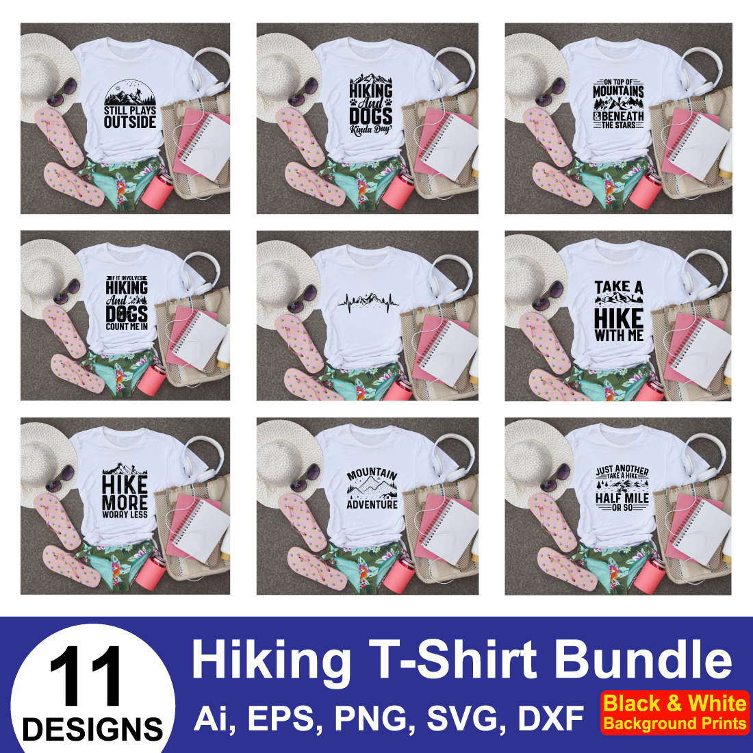 Hiking T-shirt Design Bundle cover image.