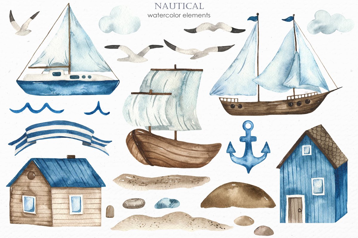 Collection of watercolor hand drawn nautical elements and unique hand lettered posters.