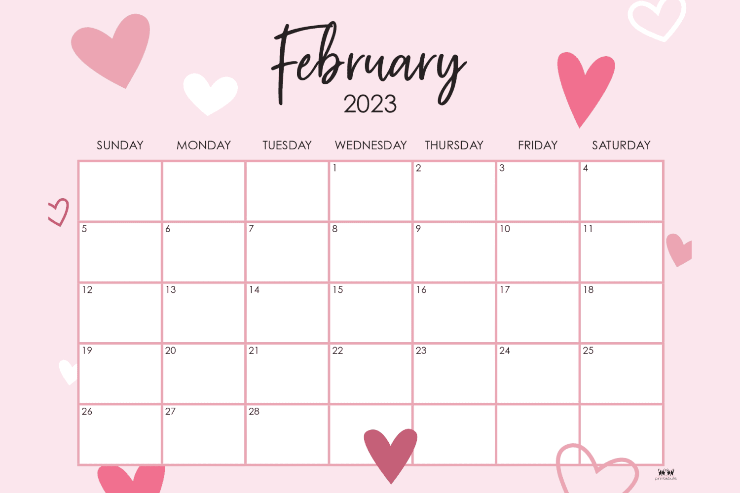 Pink calendar for february with white and red hearts.