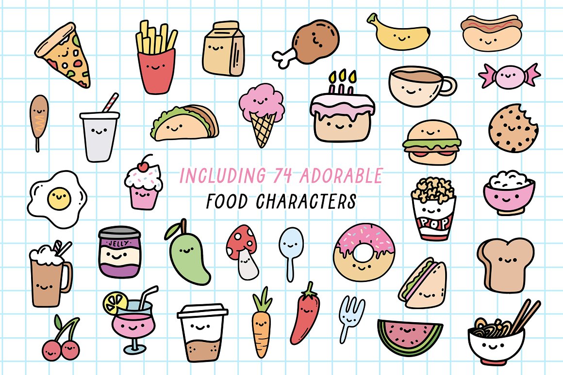 Sticker kit of 74 different food characters on a white and blue checkered background.