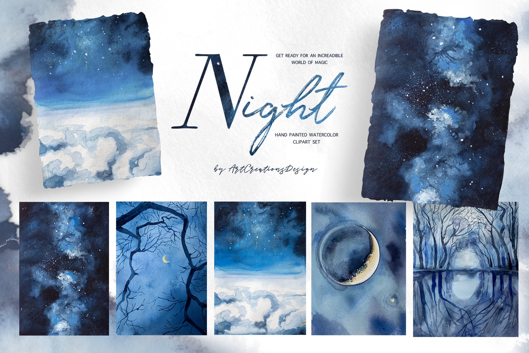 Watercolor Night Clipart Set elements preview.