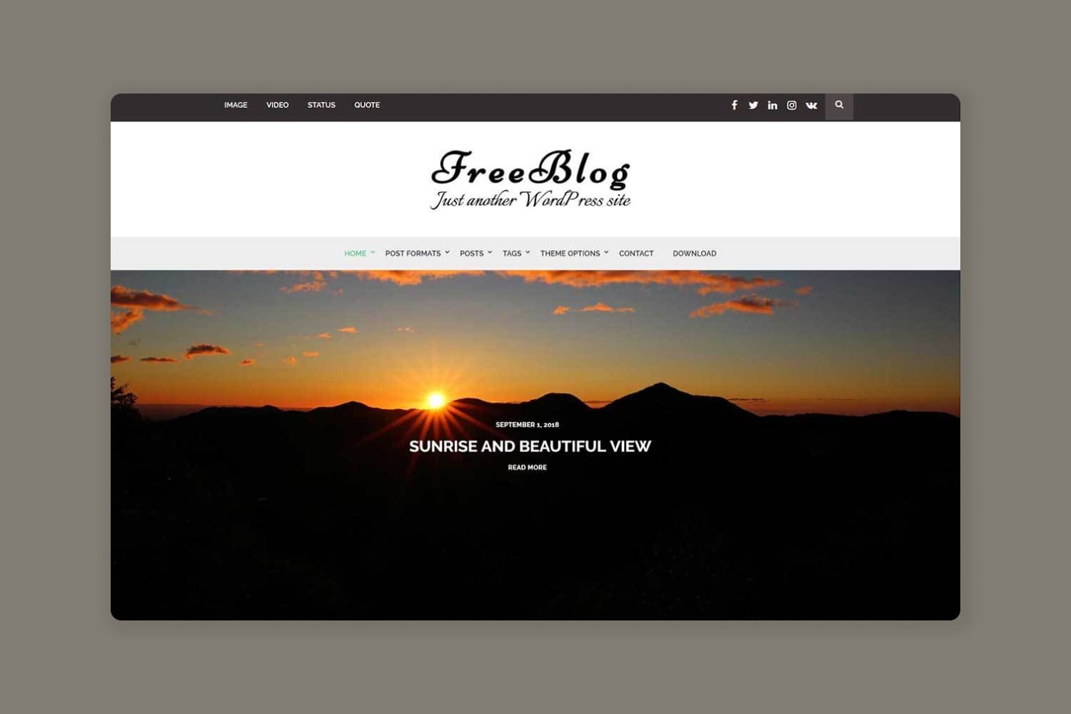 Screenshot of a site with a beautiful photo of sunrise over the mountains.