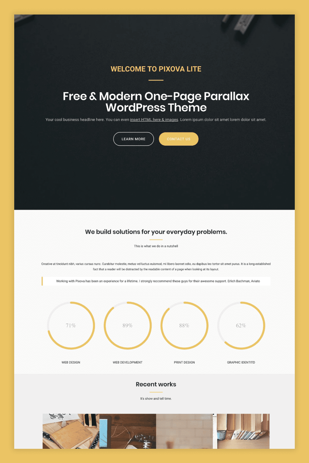 Screenshot of a landing page with a dark slider with text, pie charts and photo collage.