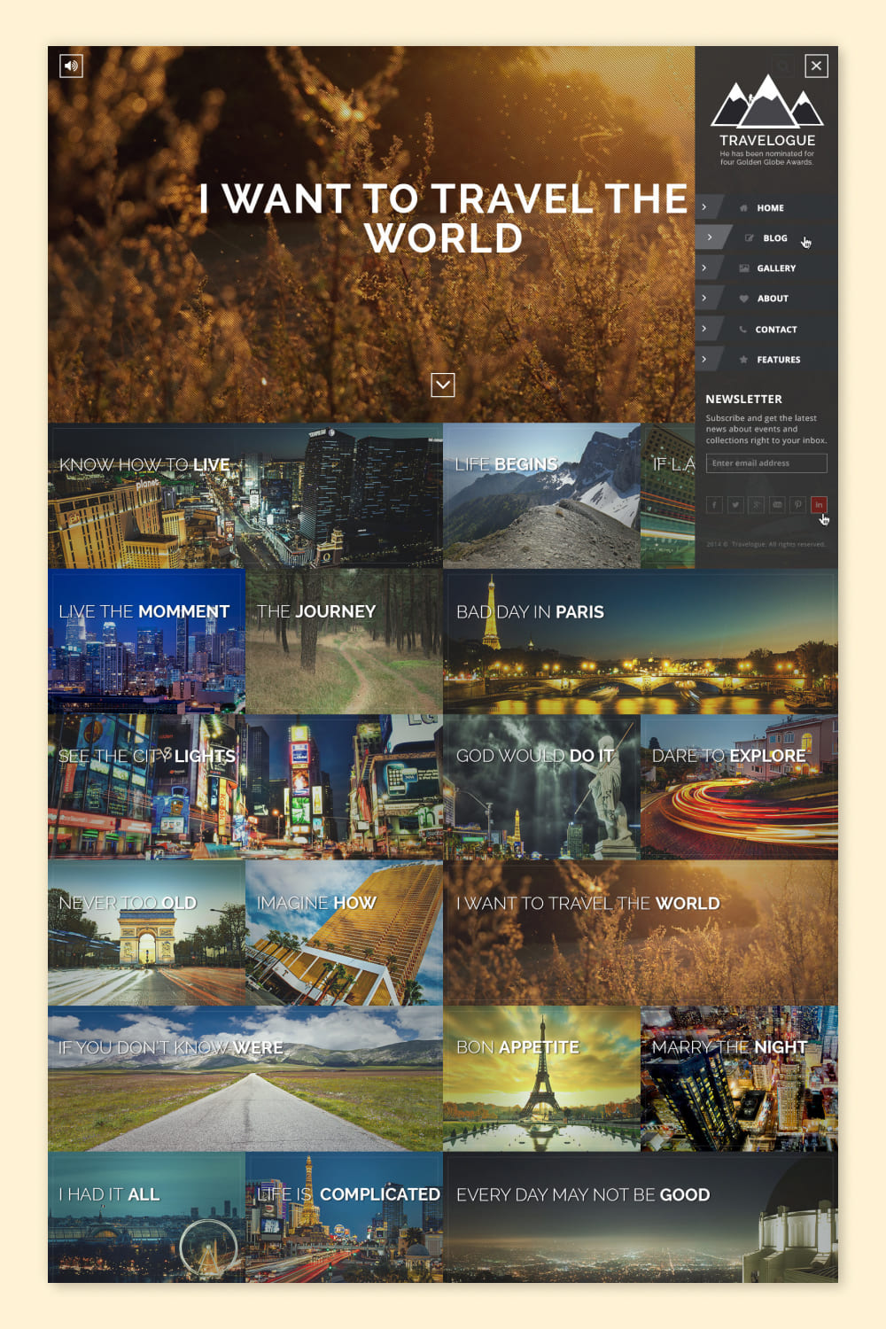Screenshot of a blog composed of a collage of photos of cities and nature.