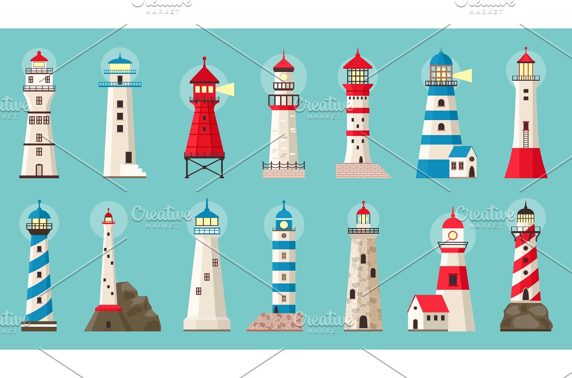 Colorful different illustrations of a lighthouse on a blue background.