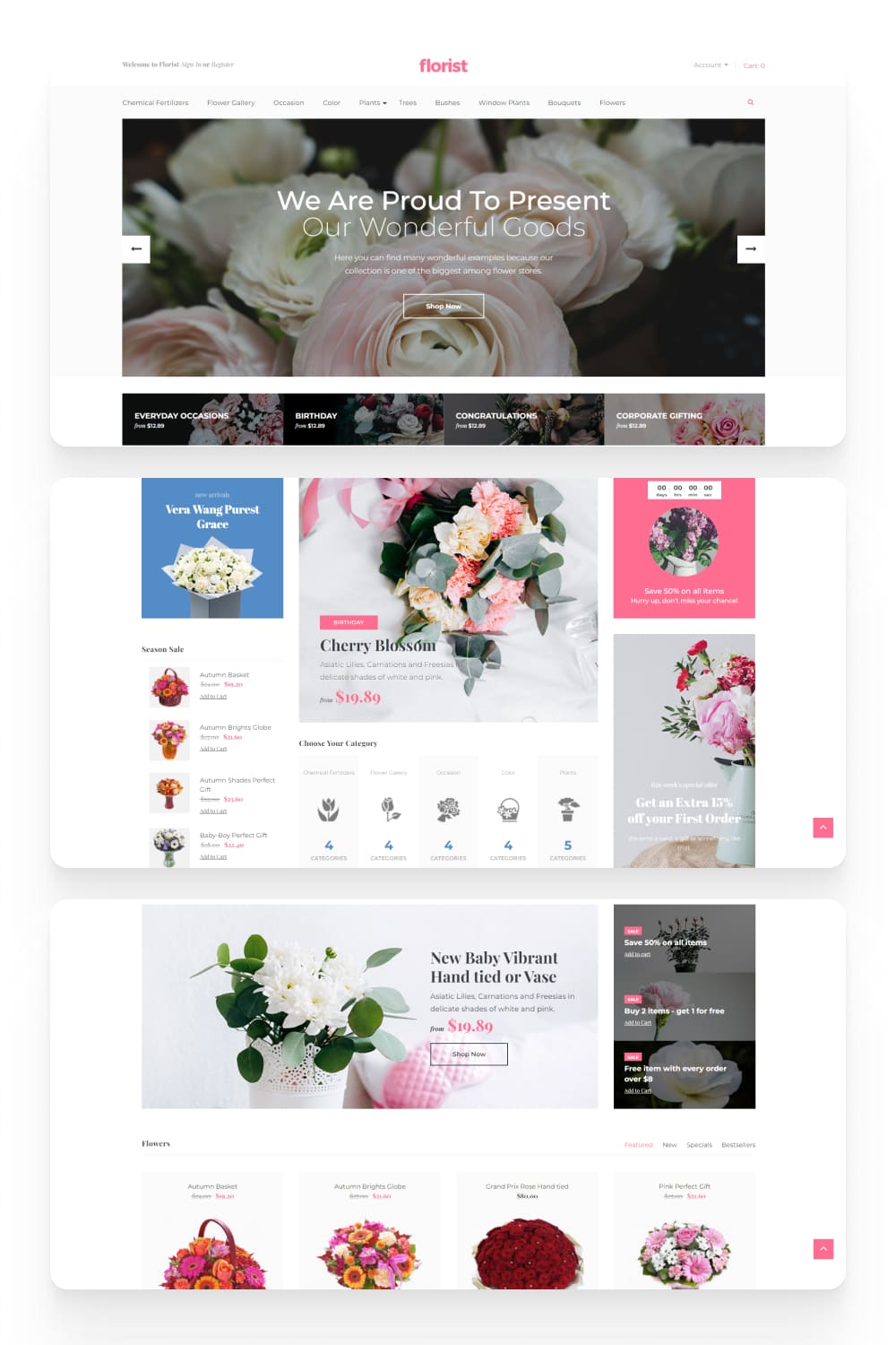 Screenshot of an online store with a slider, product cards and photos of flowers.
