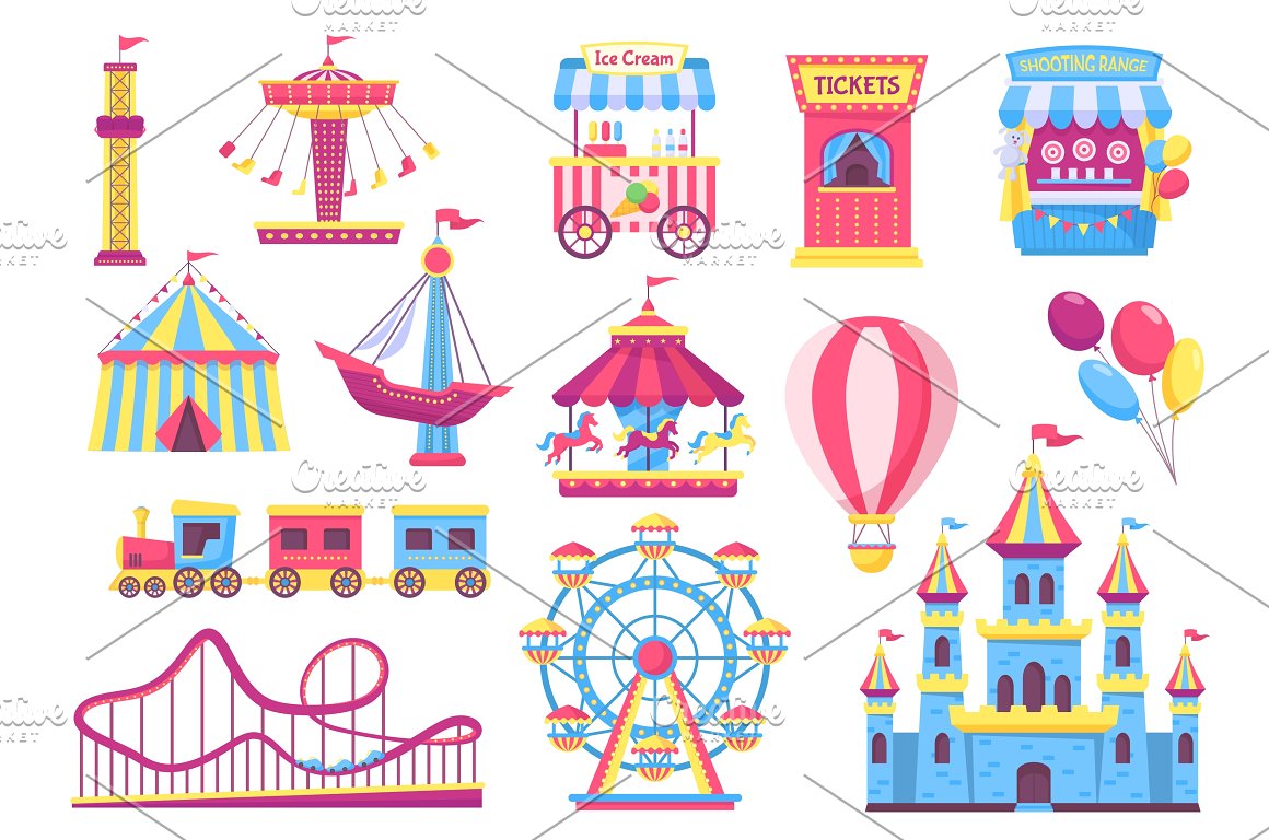 Colorful set of different illustrations of amusement park attractions on a white background.