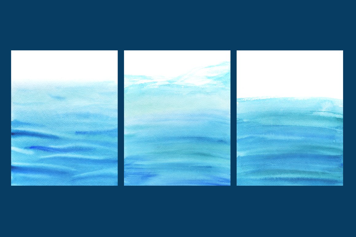 A set of 3 white and blue different watercolor sea textures on a blue background.