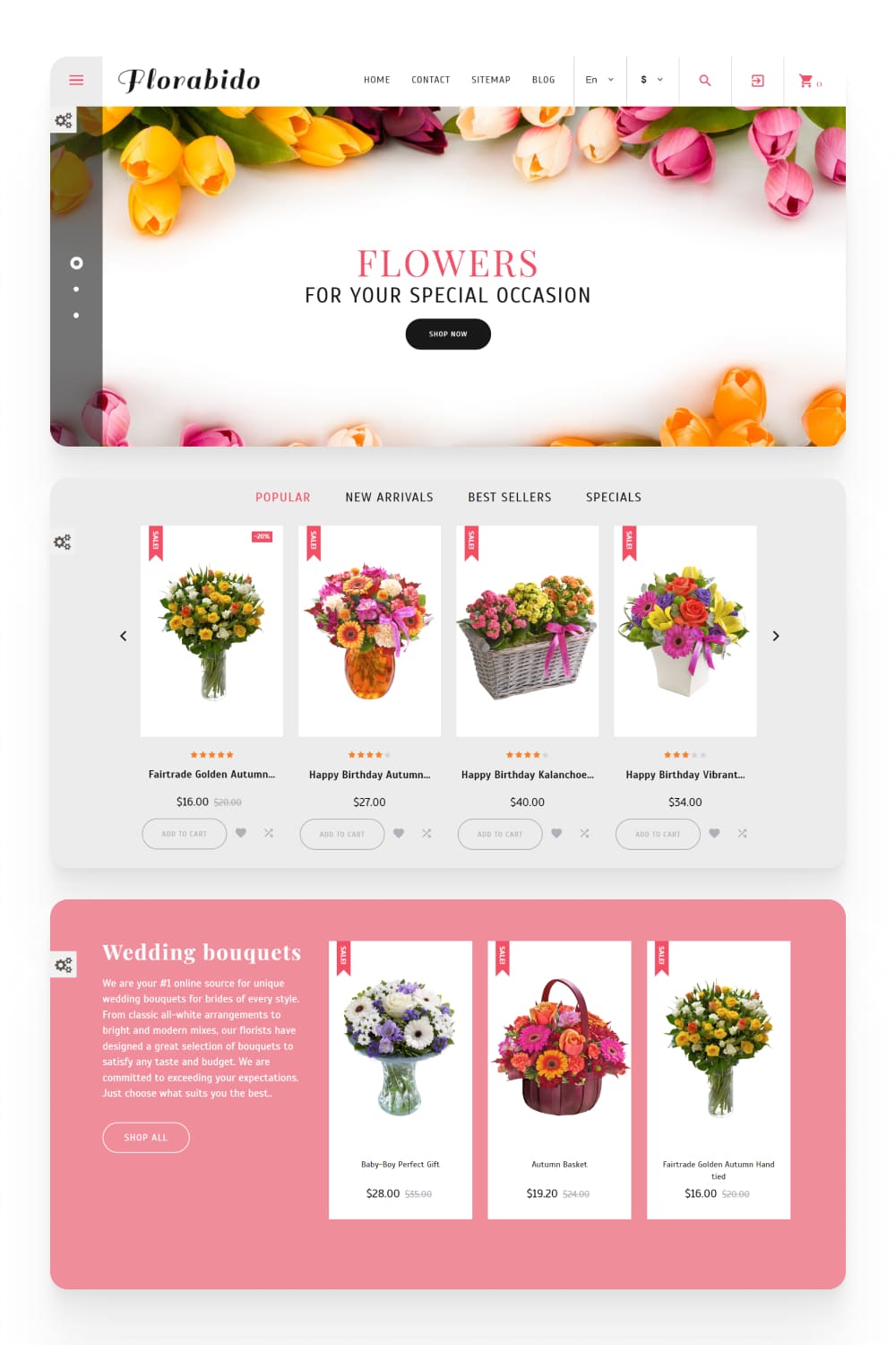 Screenshot of an online store with a slider, product cards in gray and pink colors.