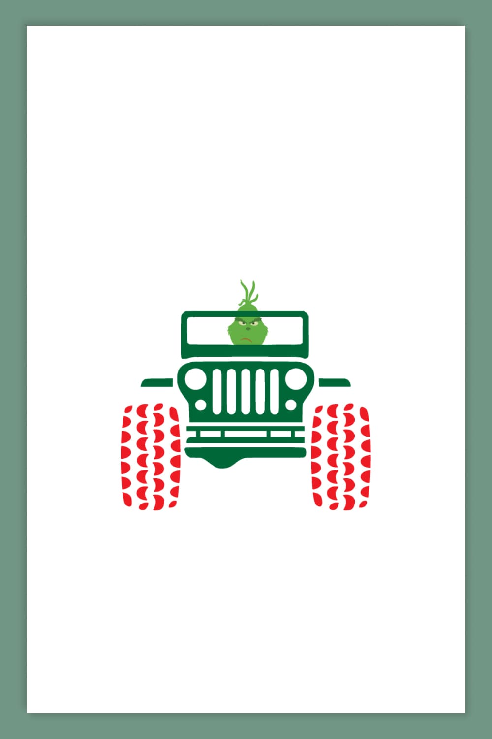 The Grinch driving a green Jeep Wrangler with red wheels.