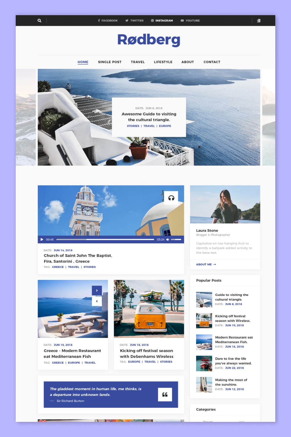 Screenshot of a blog with a slider and posts with photos of houses in Santorini.