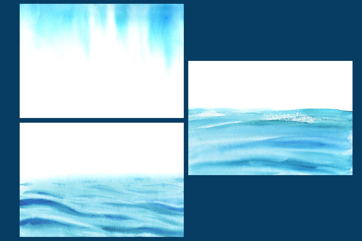 3 blue and white horizontal watercolor textures of sea on a blue background.