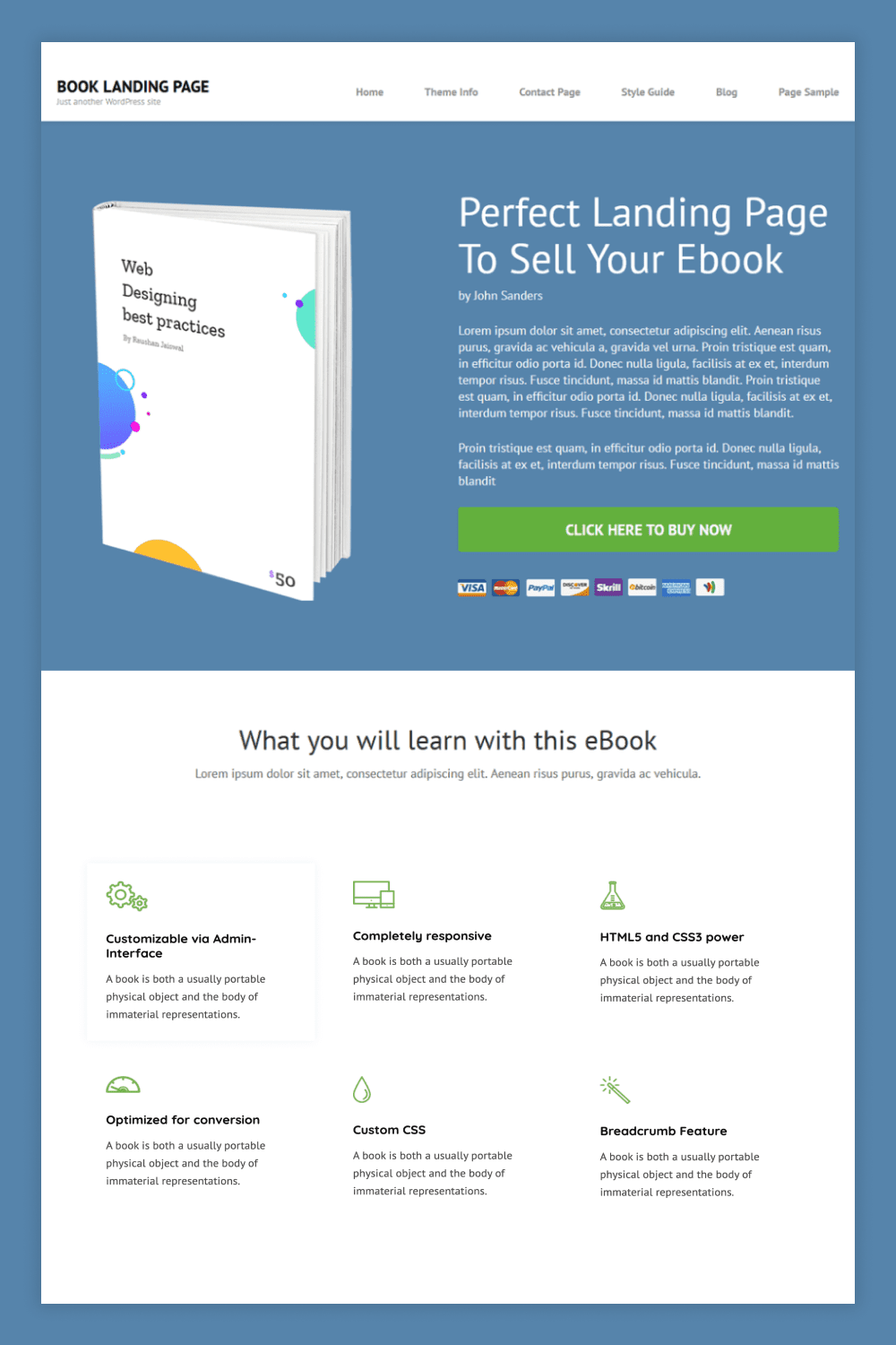 Screenshot of a book sale landing page with a photo of the book and a list of benefits.