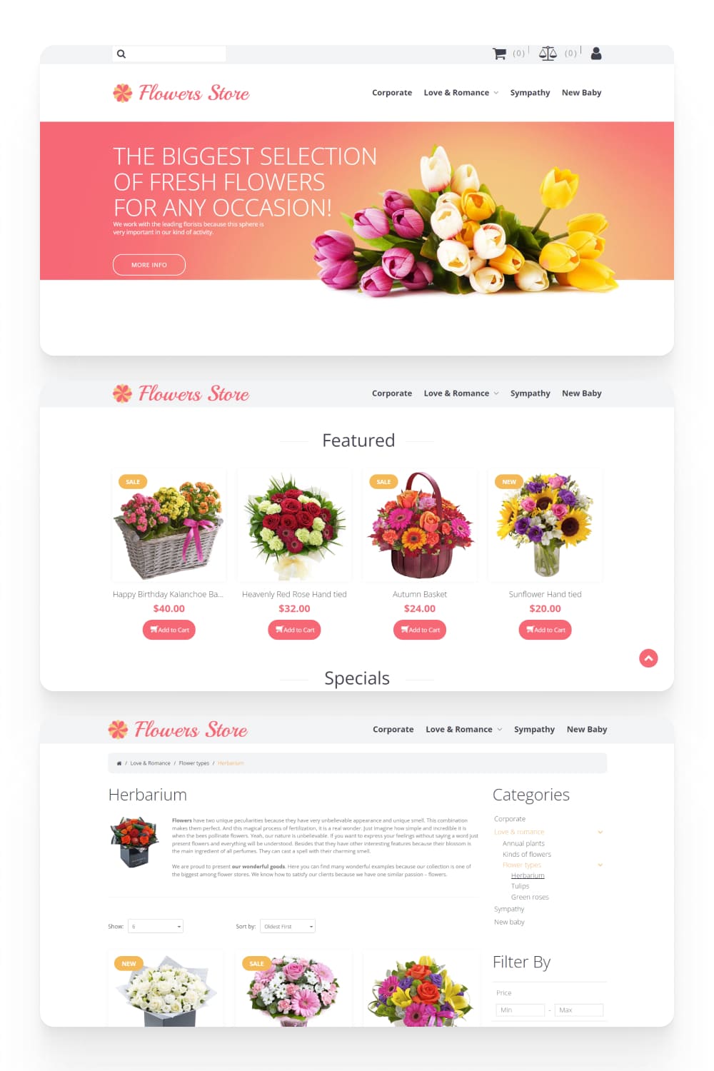 Screenshot of an online store with a slider, flower product cards and a blog.