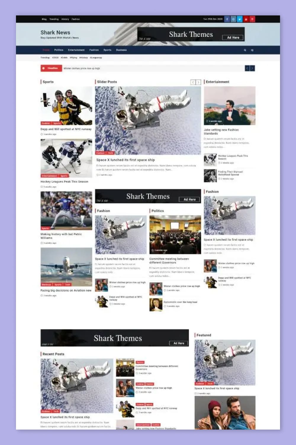 Screenshot of the main page of a news site with four columns of news and different blocks.