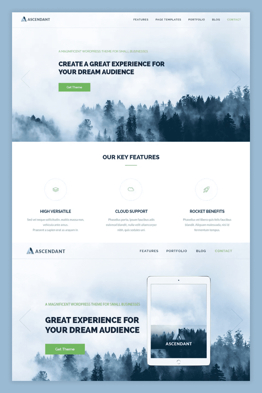 Screenshot of a landing page with a slider with a photo of a forest in the fog and a list of benefits.