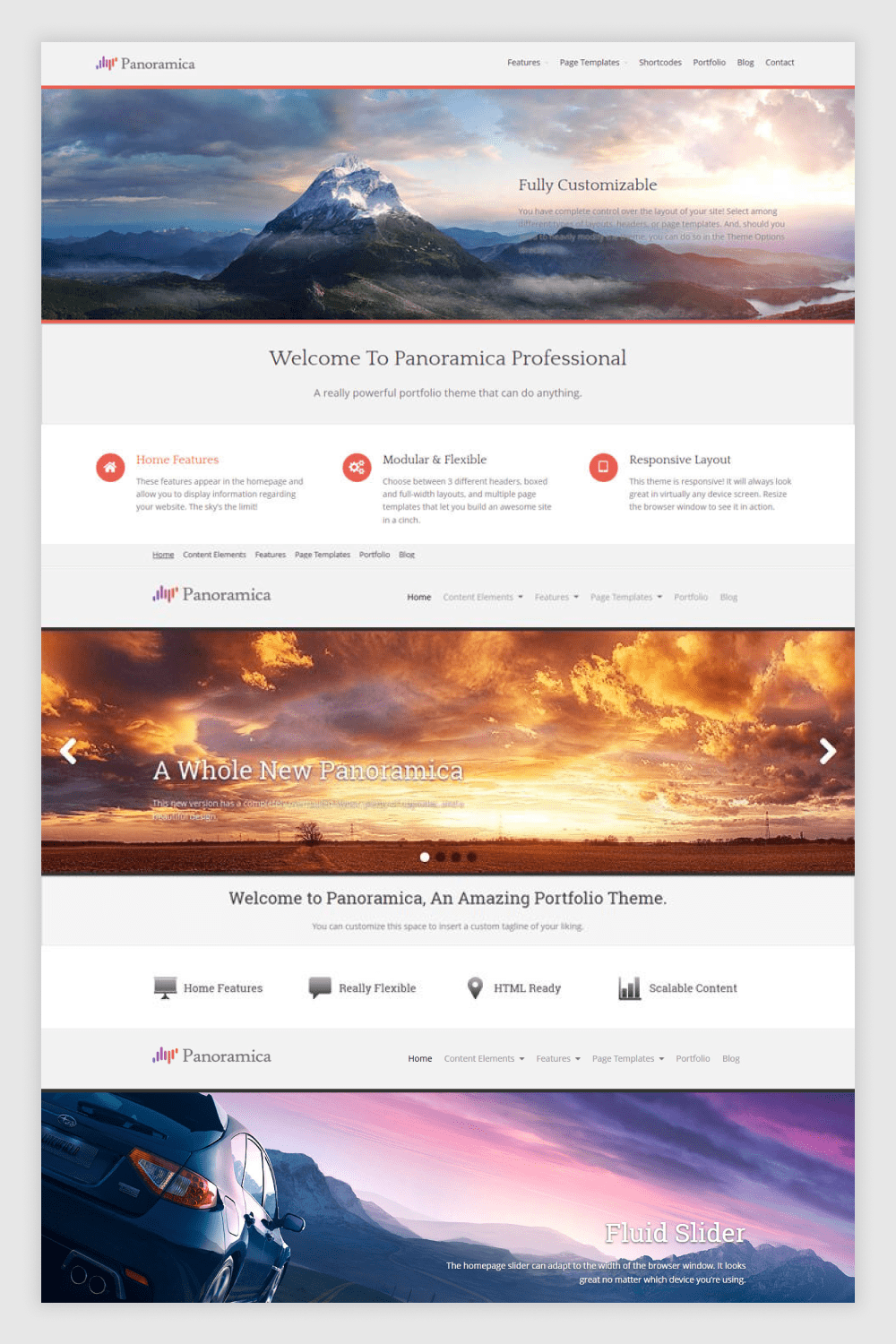 Screenshot of a landing page with a slider with photos of mountains, sky and lists.