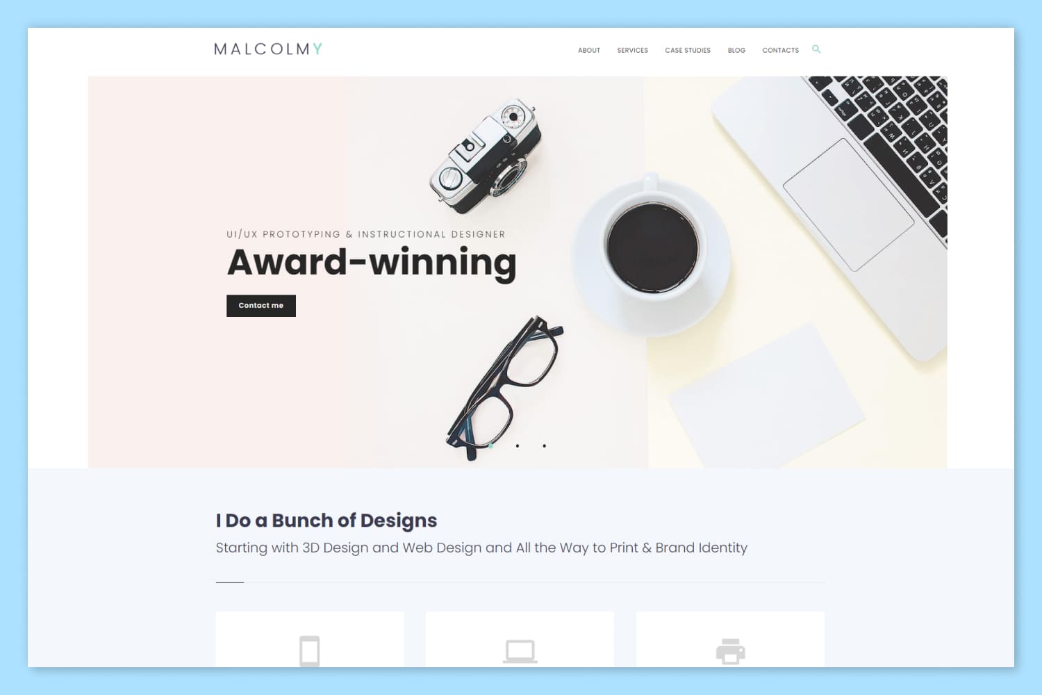 Screenshot of a designer portfolio site with a pattern and benefits.