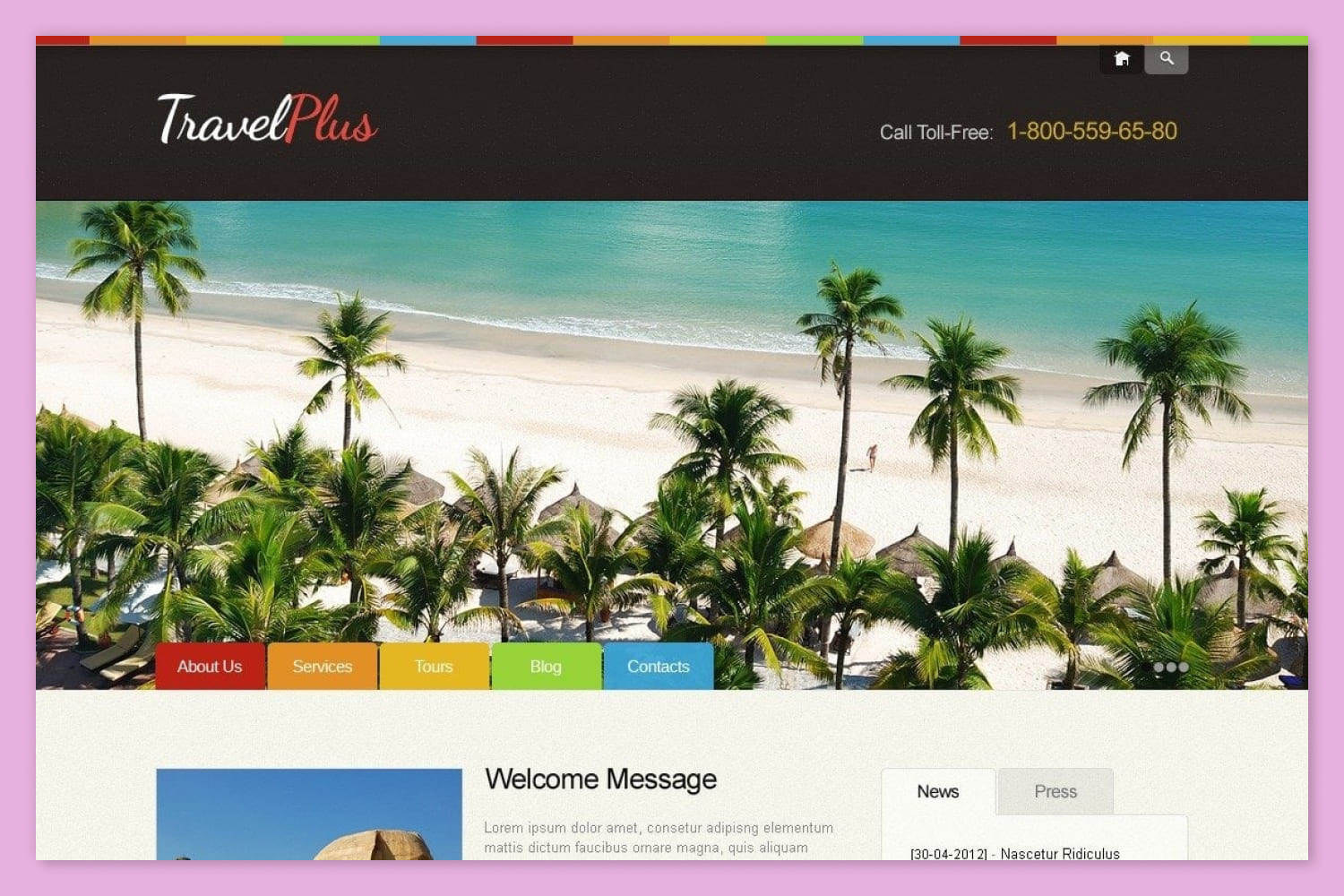 Screenshot of the tour agency website with a photo of the beach and a colorful menu.