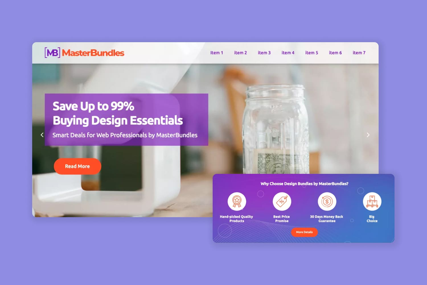 Screenshot of a website with a photo of a table with a jar and benefits on a purple background.