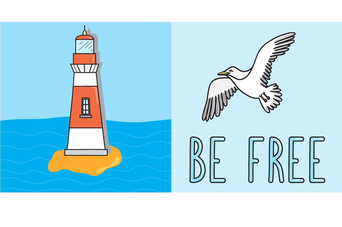 Illustrations of a falcon and lighthouse on a white background.