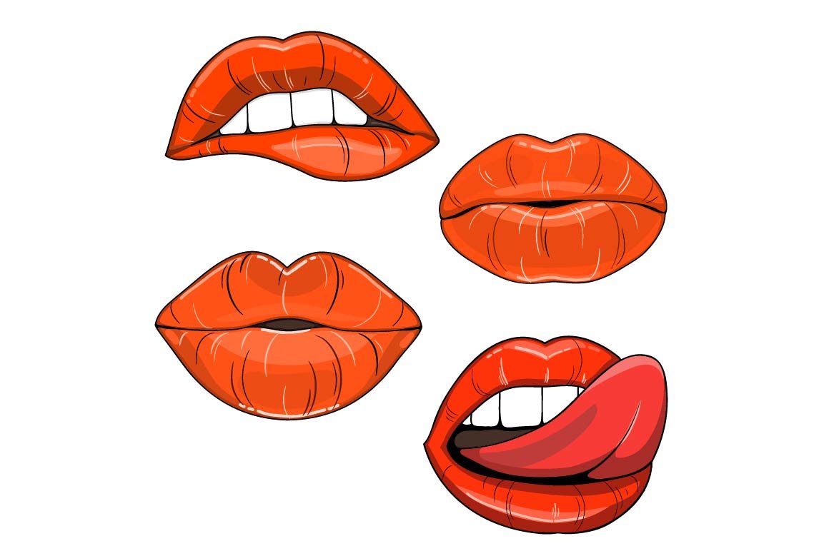4 red illustrations of sexy lips on a white background.